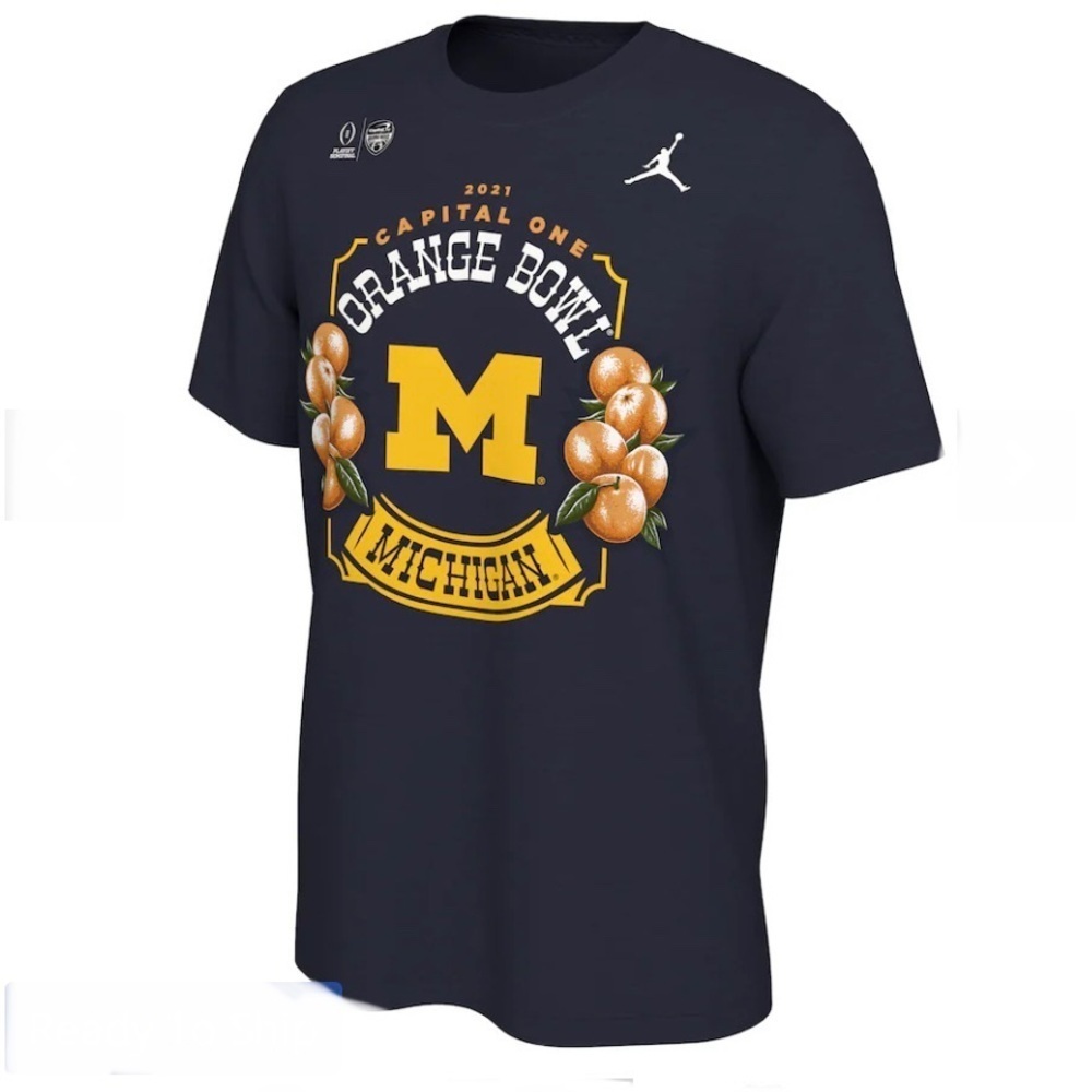 NWT NIKE Navy Michigan Wolverines College Football 2021 Orange Bowl T-Shirt